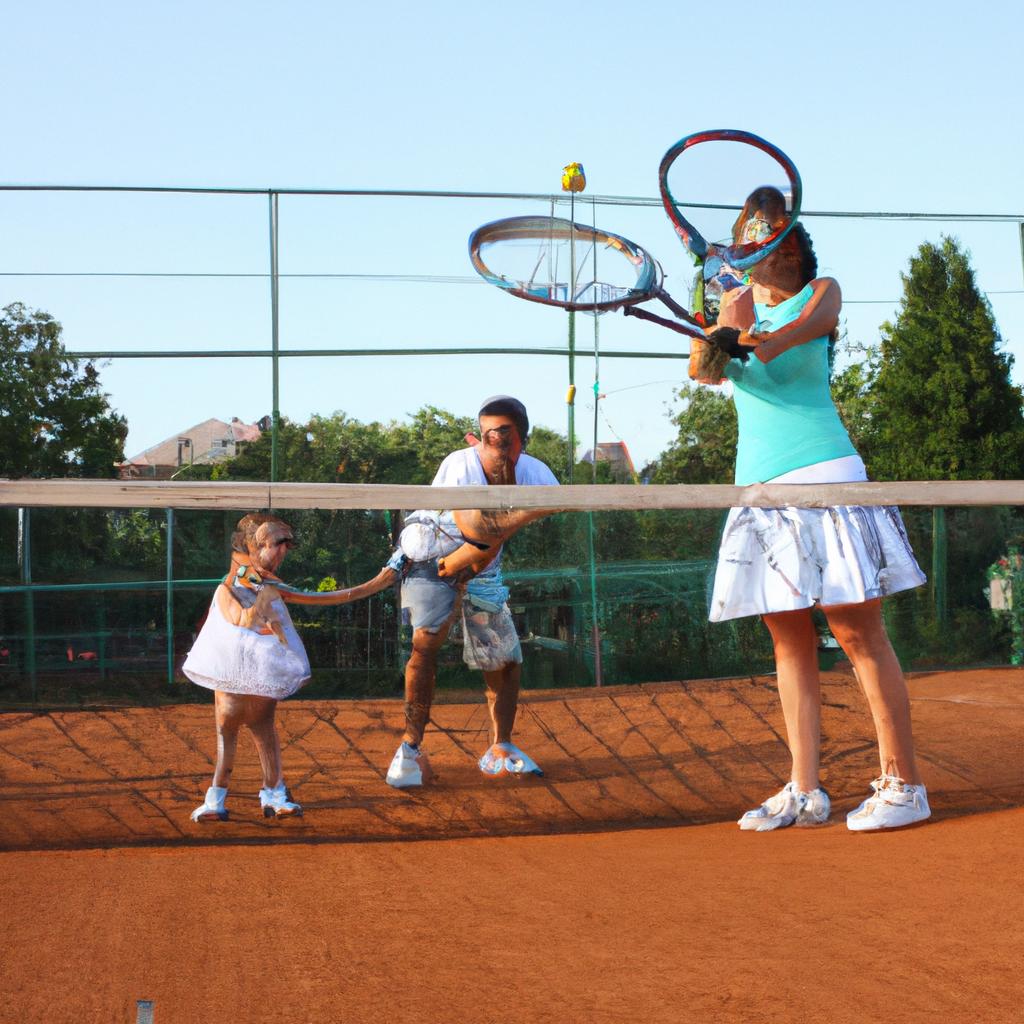 Family playing tennis at club