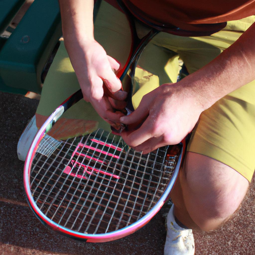 Person restringing tennis racquet professionally